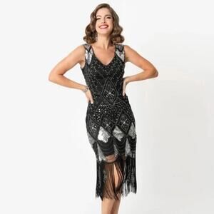 Unique Vintage 1920's Gatsby Flapper Dress Black and Silver Size Large